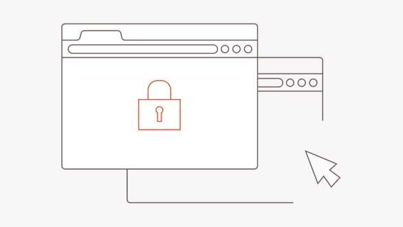 Two overlapping web browser windows with a red padlock icon in the foreground window and a cursor pointer nearby.